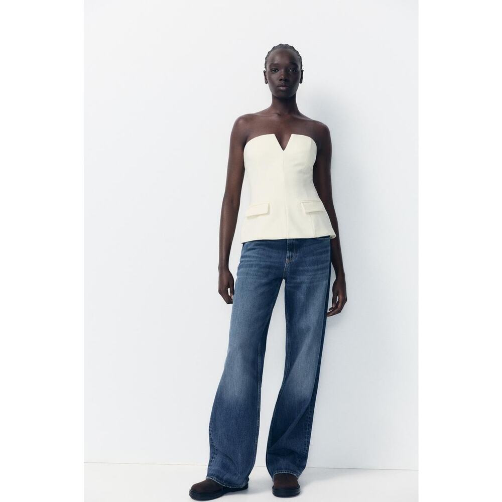 Zara Women's White strapless shirt blouse Top bustier vest tuxedo Size Small